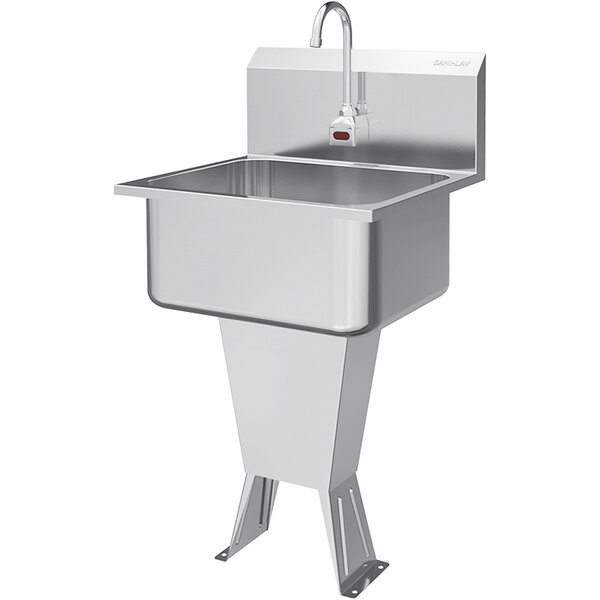 A Sani-Lav stainless steel floor-mounted utility sink with a battery-powered sensor faucet.