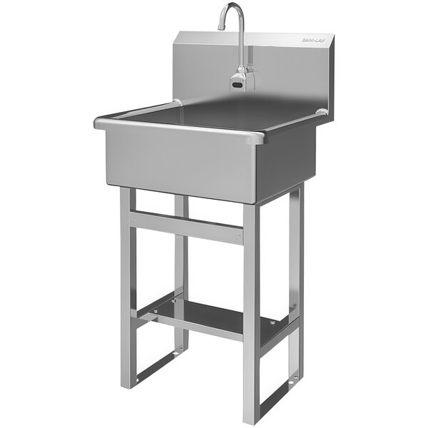 A stainless steel floor-mounted Sani-Lav utility sink with a battery-powered sensor faucet.