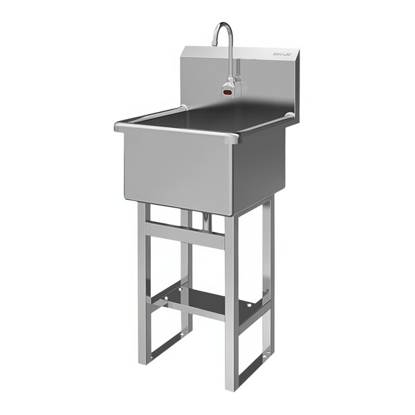 A stainless steel floor-mounted Sani-Lav sink with a battery-powered faucet.