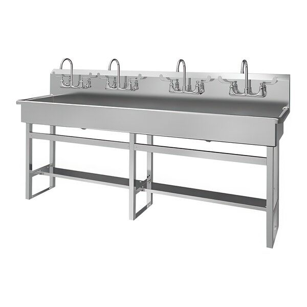 A Sani-Lav stainless steel floor-mounted multi-station hand sink with (4) faucets.