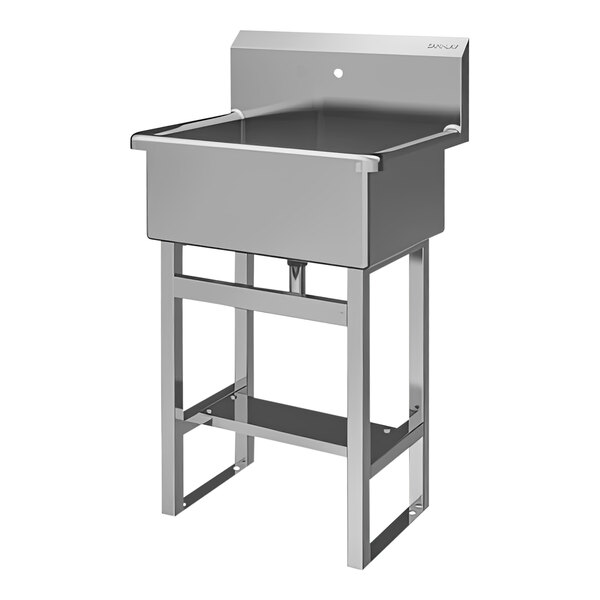 A Sani-Lav stainless steel floor-mounted scrub sink with a stand.