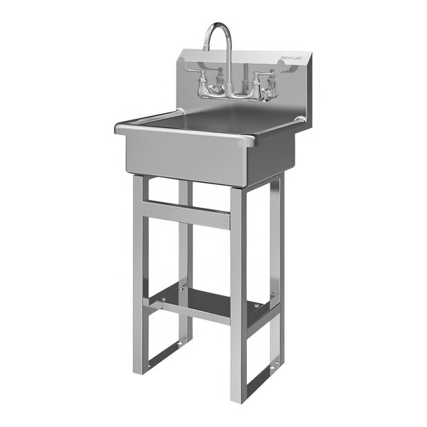 A Sani-Lav stainless steel floor-mounted hand sink with faucet.