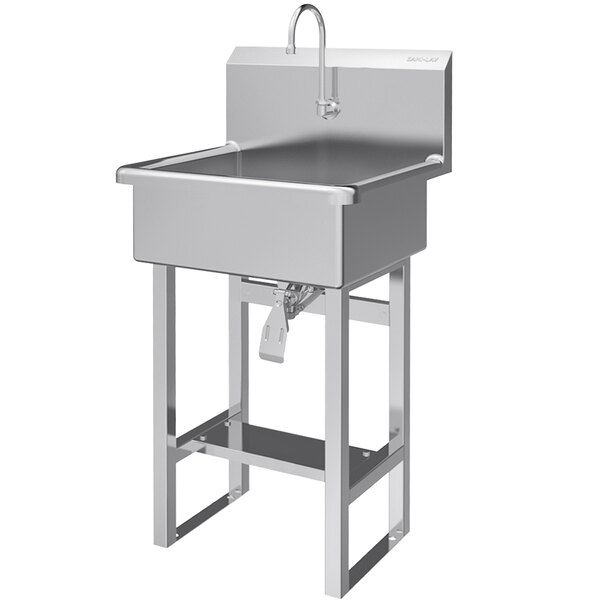 A large stainless steel Sani-Lav floor-mounted sink with a knee-operated faucet.