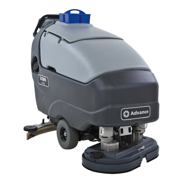 An Advance floor scrubber on wheels with a blue and grey top.