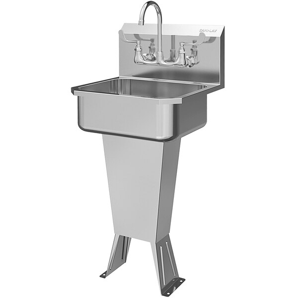 A stainless steel Sani-Lav floor-mounted utility sink with a faucet.