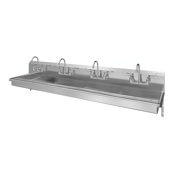 A Sani-Lav stainless steel wall-mounted multi-station hand sink with four faucets.