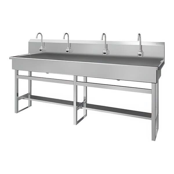 A stainless steel Sani-Lav multi-station floor-mounted utility sink with (4) sensor faucets.