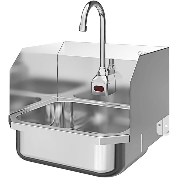 A Sani-Lav stainless steel wall-mounted hands-free sink with a faucet.