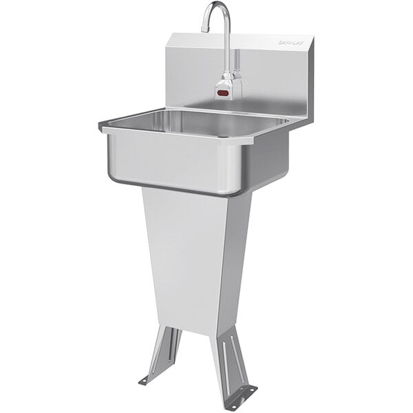 A stainless steel Sani-Lav floor-mounted utility sink with a drain and battery-powered faucet.