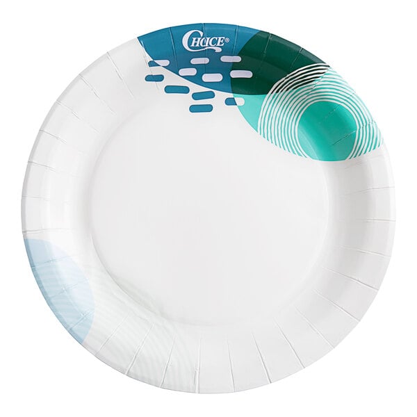 A white paper plate with blue and green swirls on it.