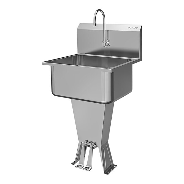 A stainless steel Sani-Lav utility sink with a faucet and a drain.
