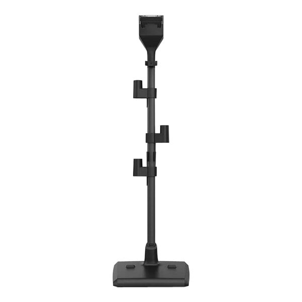 A black tower charging stand with a black pole and multiple attachments.