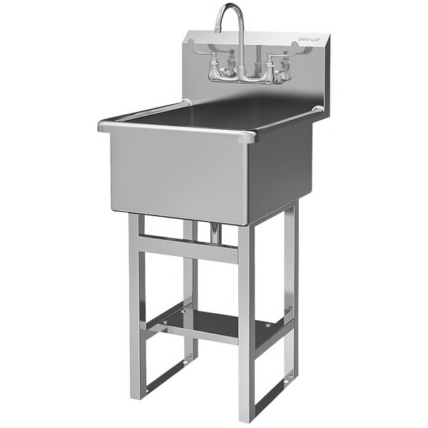 A Sani-Lav stainless steel floor-mounted utility sink with a faucet.