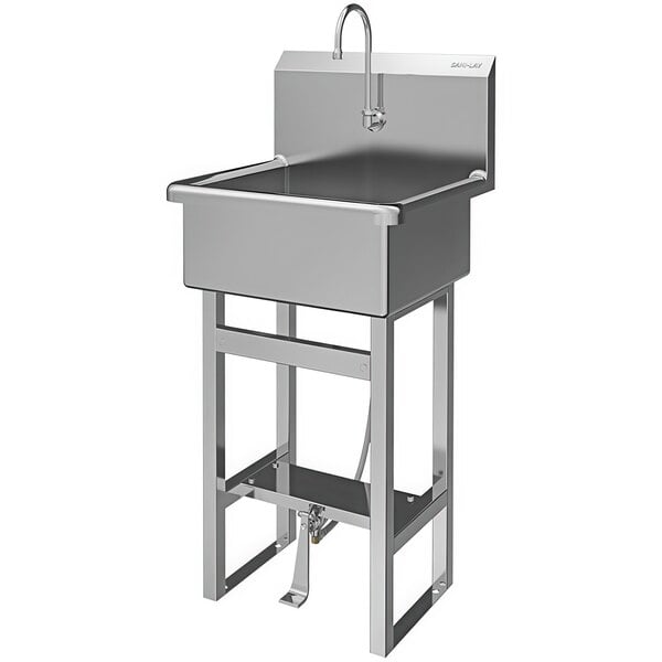 A Sani-Lav stainless steel floor-mounted sink with a foot-operated faucet.