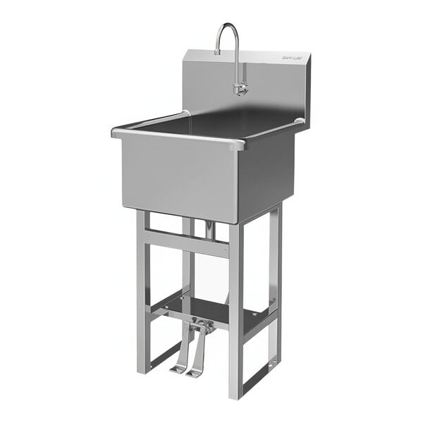 A Sani-Lav stainless steel floor-mounted utility sink with double foot-operated faucet.