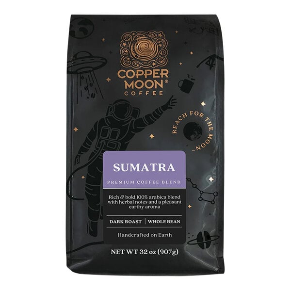 A black package of Copper Moon Sumatra Blend whole bean coffee with a picture of a moon.