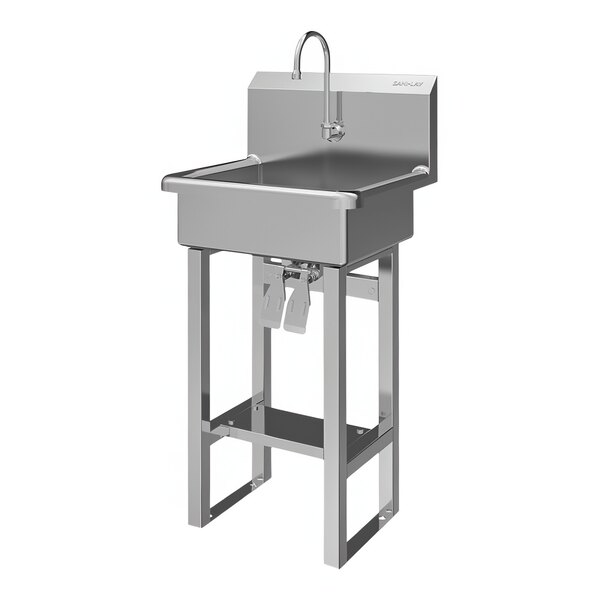 A stainless steel Sani-Lav floor-mounted utility sink with double knee-operated faucets.