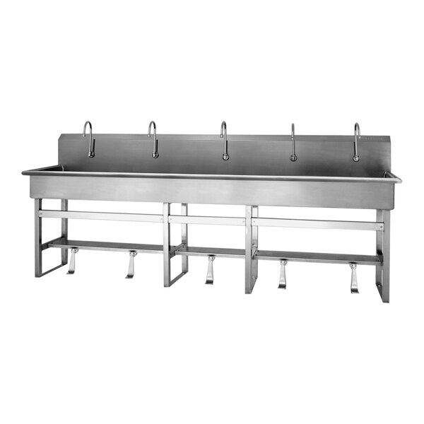 A stainless steel Sani-Lav floor-mounted multi-station utility sink with 5 foot-operated faucets.
