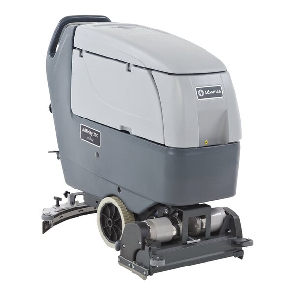 An Advance Adfinity X20C floor scrubber machine with wheels, grey and silver in color.