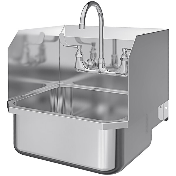 A stainless steel Sani-Lav wall-mounted hand sink with faucet and side splashes.