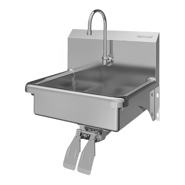 A stainless steel Sani-Lav wall-mounted utility sink with a double knee-operated faucet.