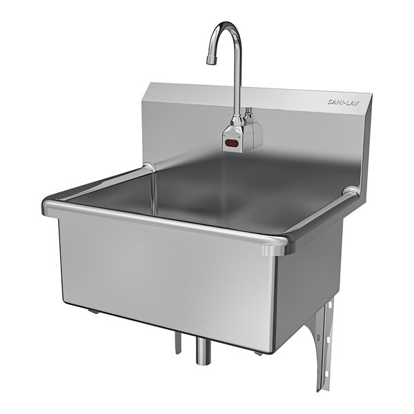 A Sani-Lav stainless steel wall-mounted hands-free scrub sink with a faucet.