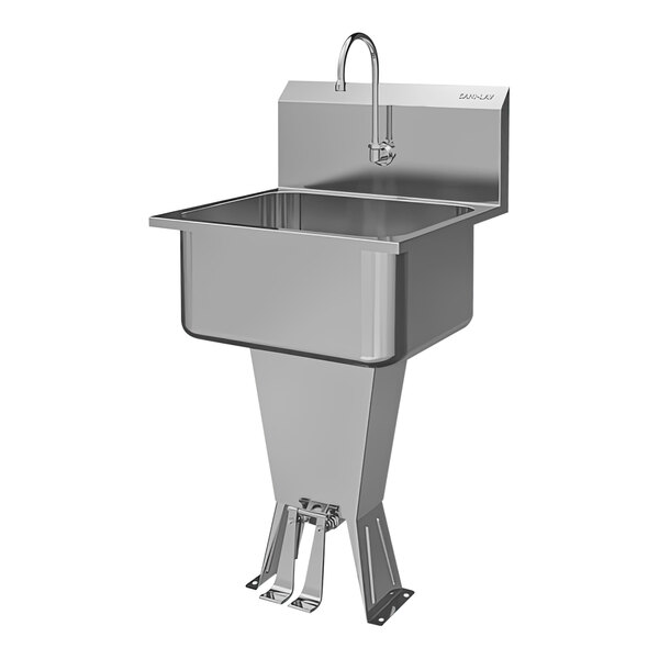 A stainless steel Sani-Lav floor-mounted utility sink with a double foot-operated faucet.