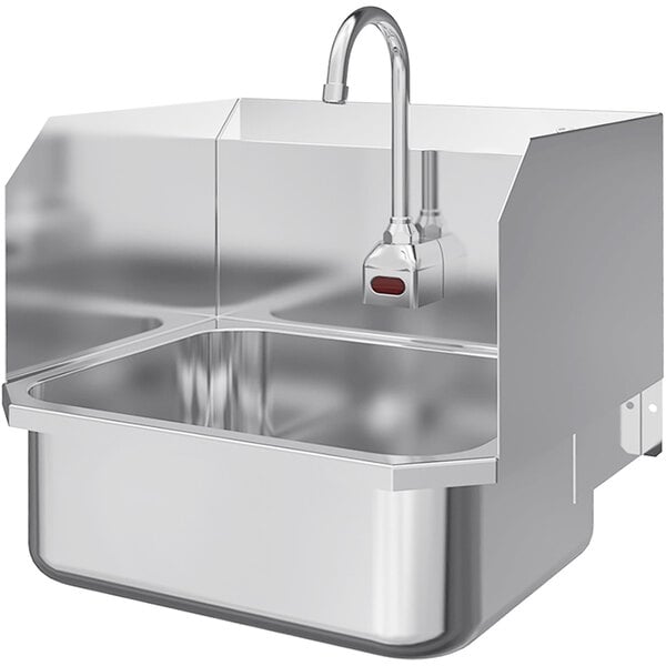 A Sani-Lav stainless steel wall-mounted sink with a faucet.