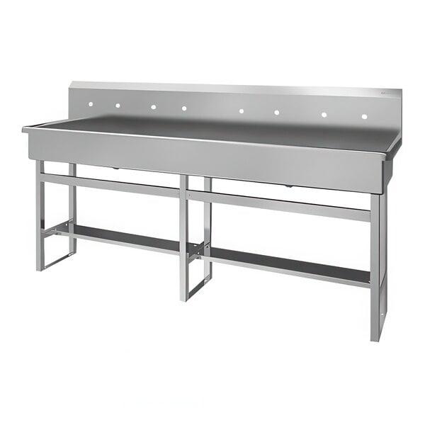 A large stainless steel floor-mounted hand sink with (4) 8" centers.