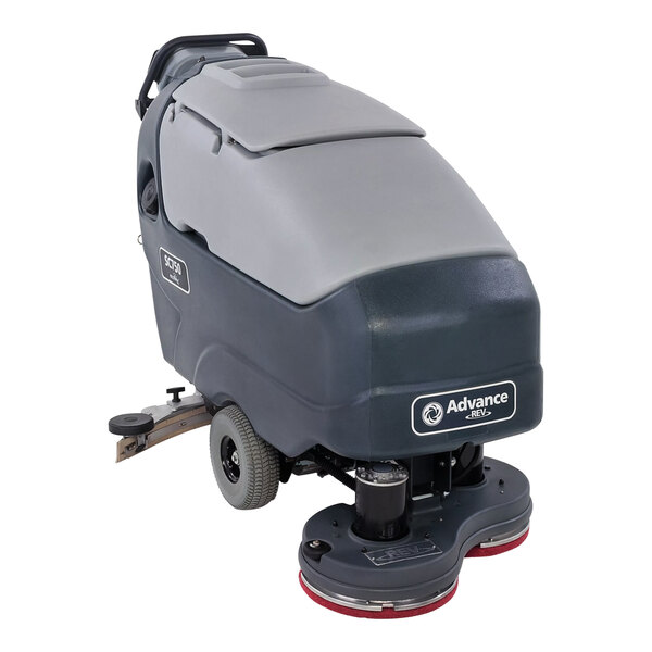 An Advance SC750 floor scrubber on wheels with red and black accents.