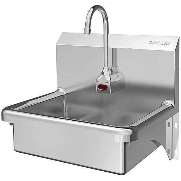 A stainless steel Sani-Lav wall-mounted sink with a faucet.