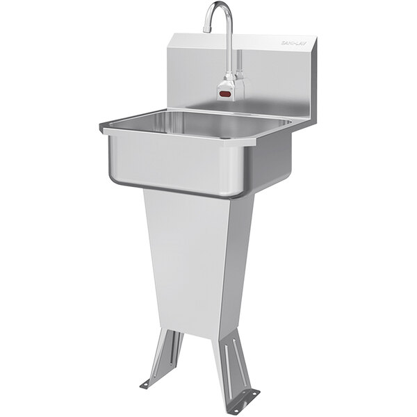A stainless steel Sani-Lav floor-mounted sink with a faucet.