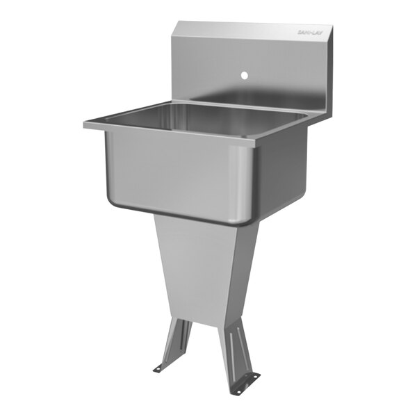 A stainless steel Sani-Lav floor-mounted hand sink with a single faucet hole.