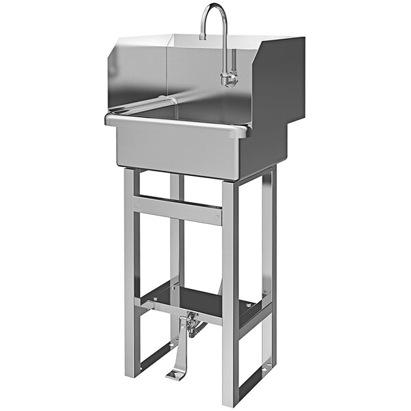 A stainless steel Sani-Lav floor-mounted utility sink with faucets and side splashes.