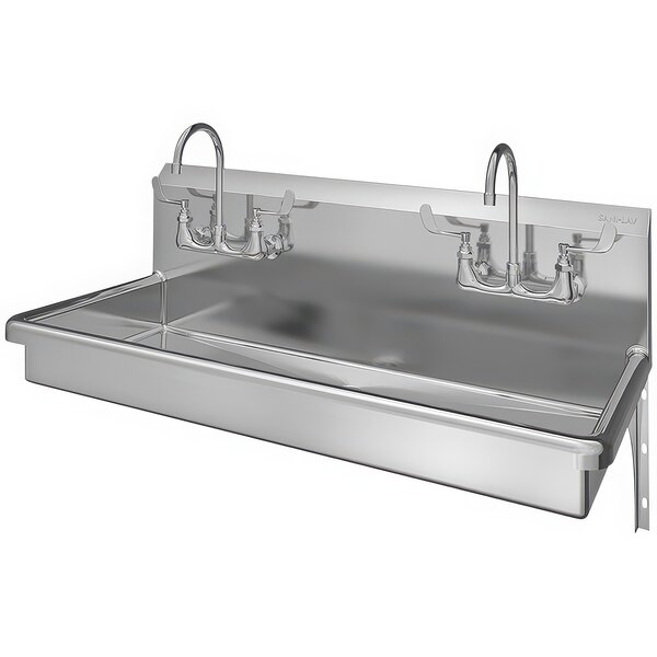 A Sani-Lav stainless steel wall-mounted multi-station hand sink with (2) sensor faucets.