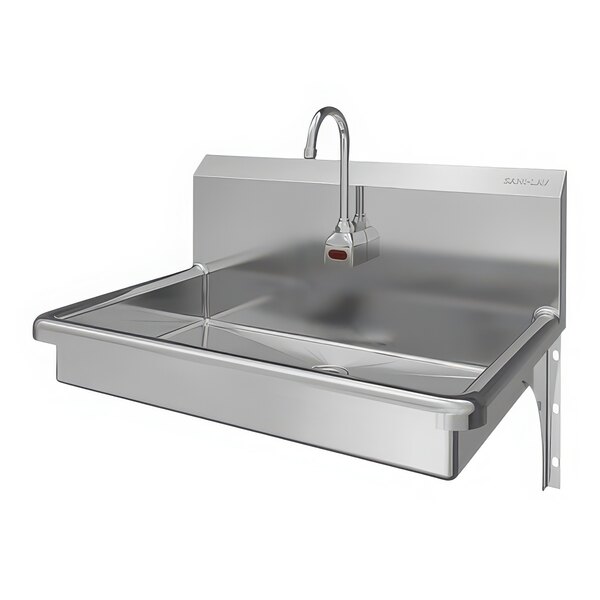 A Sani-Lav stainless steel wall-mounted sink with a faucet.