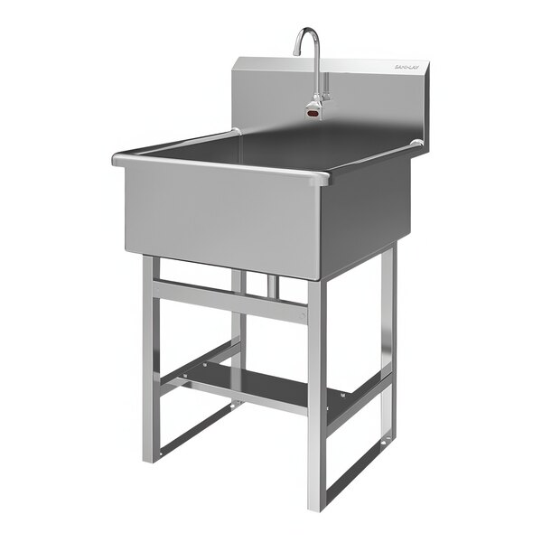 A large floor-mounted stainless steel Sani-Lav utility sink with a battery-powered sensor faucet.
