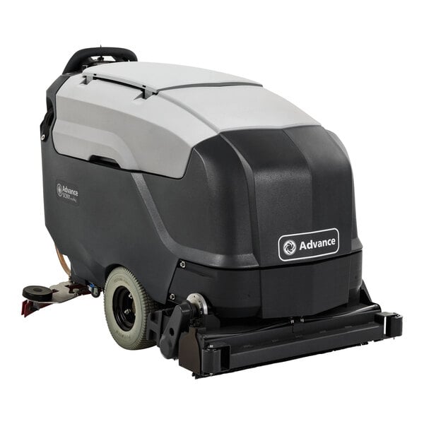 An Advance SC901 cordless walk behind floor scrubber machine on a white background.