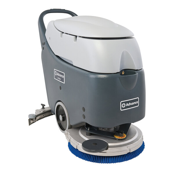 An Advance walk behind floor scrubber with blue and white wheels.