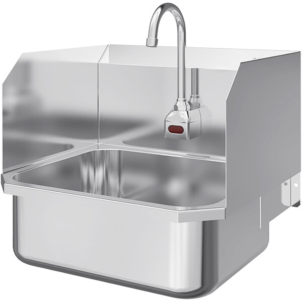 A stainless steel Sani-Lav wall-mounted sink with a faucet.