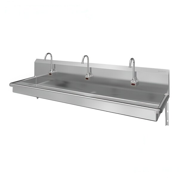 A Sani-Lav stainless steel wall-mounted multi-station sink with 3 faucets.