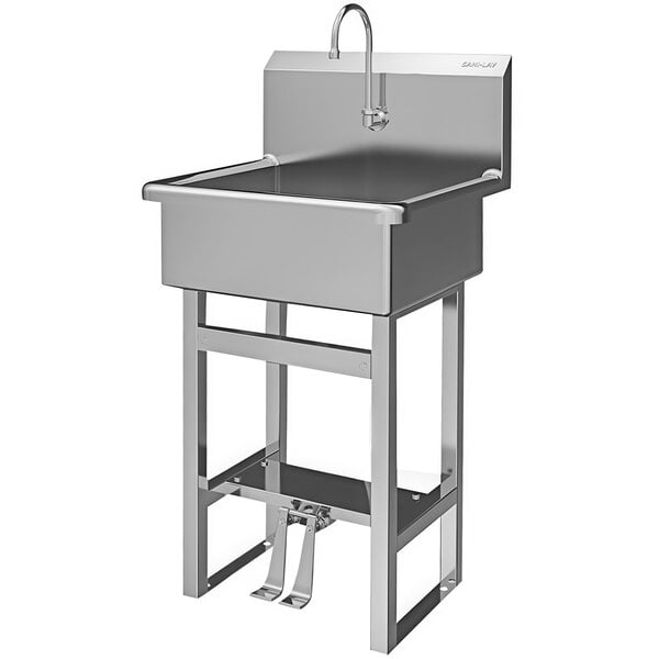 A stainless steel Sani-Lav utility sink on a metal stand with a double foot-operated faucet.