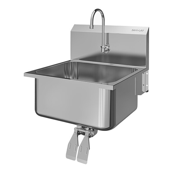 A stainless steel Sani-Lav wall-mounted utility sink with a double knee-operated faucet.
