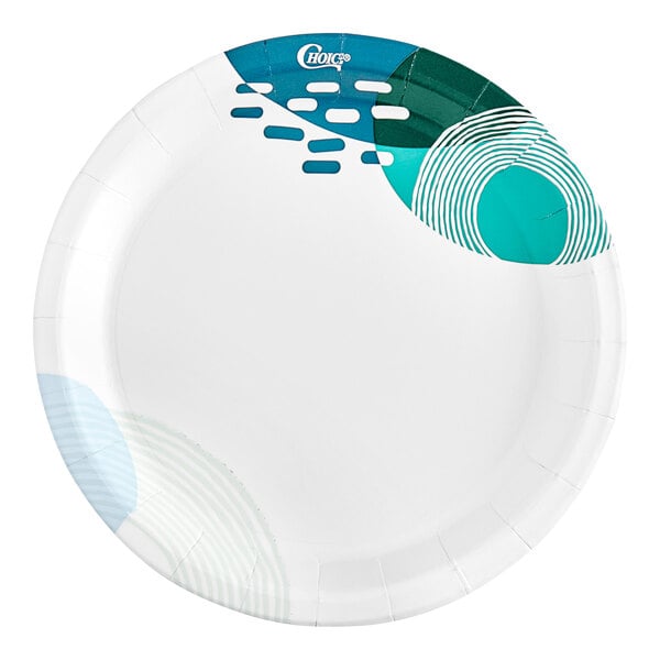 A white paper plate with blue and green circles.