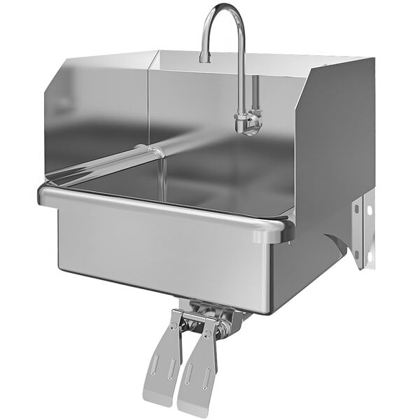 A Sani-Lav stainless steel wall-mounted sink with a double knee-operated faucet.