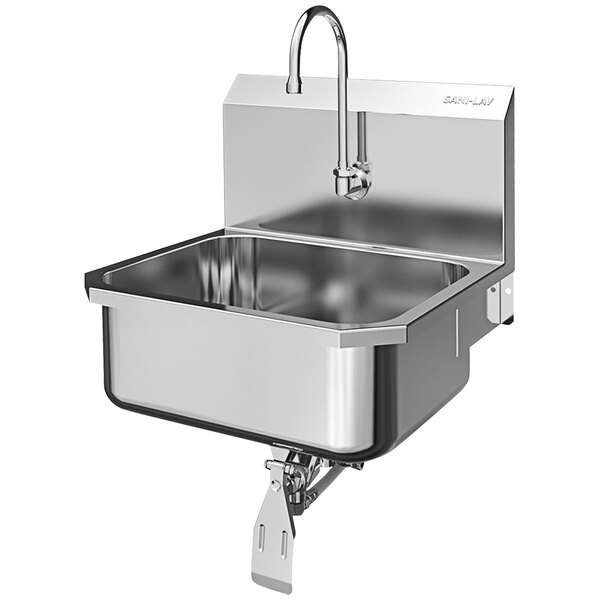 A stainless steel Sani-Lav wall-mounted utility sink with a knee-operated faucet.