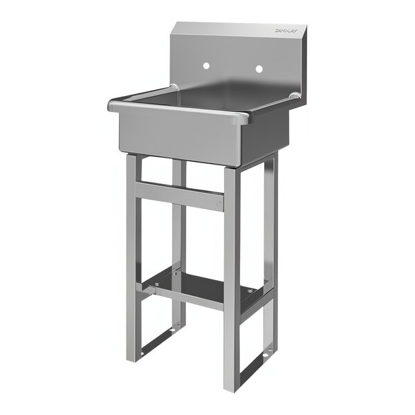 A stainless steel Sani-Lav floor-mounted hand sink on a stand.