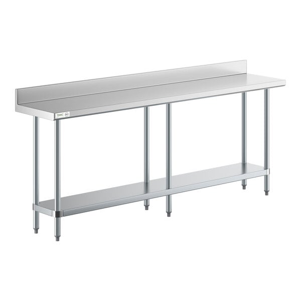 A Regency stainless steel work table with undershelf, legs, and backsplash.
