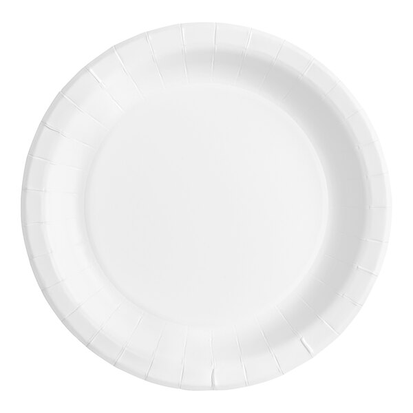 A close up of a white paper plate with a white border.