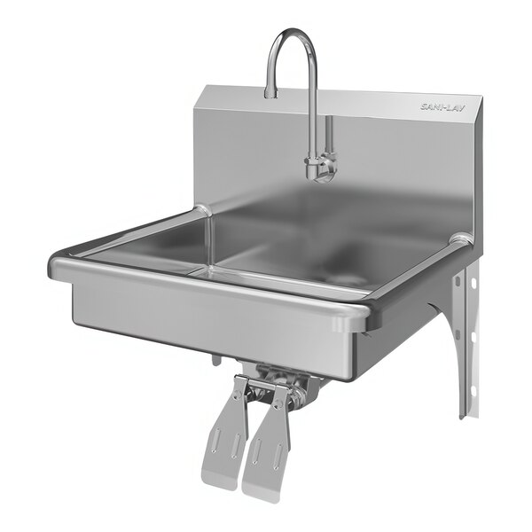 A stainless steel Sani-Lav wall-mounted utility sink with a double knee-operated faucet.